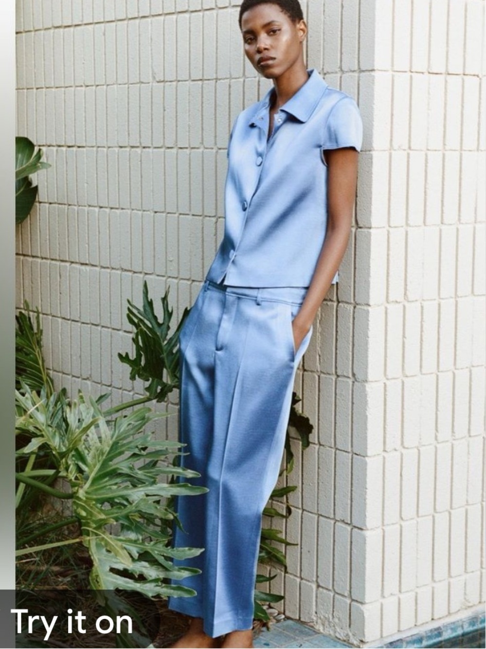 Zara-Satin Wide-Leg Pants and Short-Sleeve Top Set - Light Blue